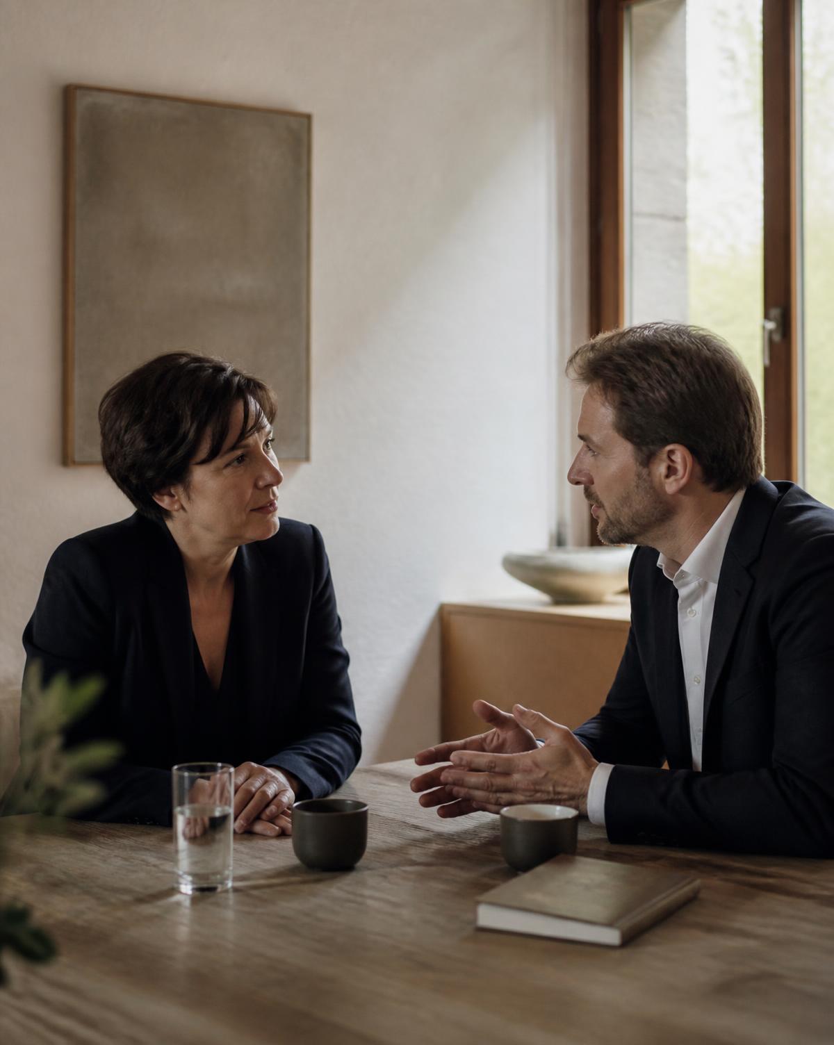 Two business leaders in conversation in a calm Swiss interior